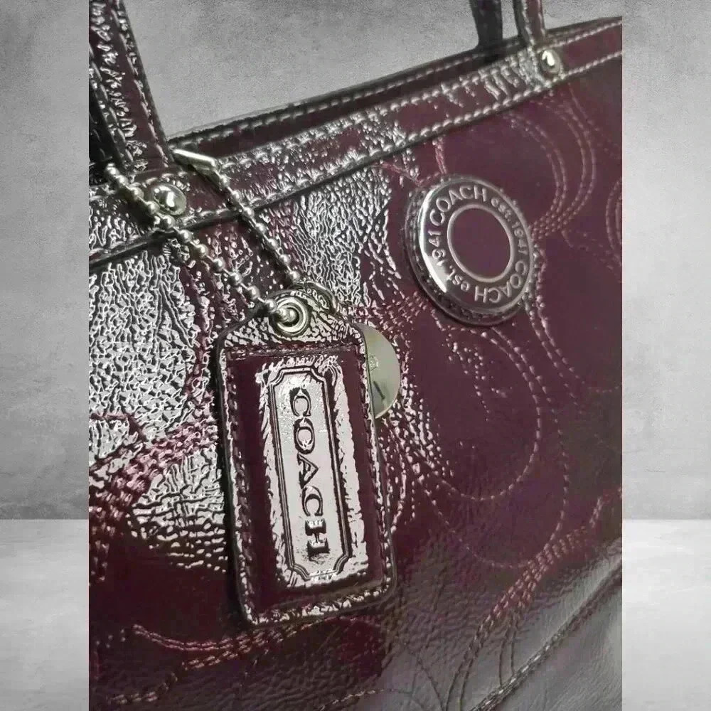 COACH Plum/ Burgundy Signature Patent Leather Tote - Picture 2 of 12